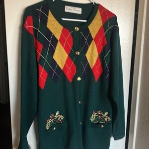 Delia Ferrari Argyle Cardigan Large Festive Sweater